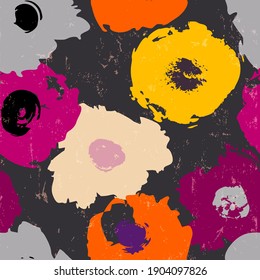 seamless floral background pattern, with flowers, circles, swirls, paint strokes and splashes