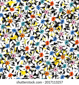 seamless floral background pattern, with flowers, leaves, paint strokes and splashes