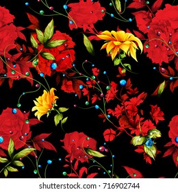 Seamless floral background pattern of flowers. Sunflower with roses and wild rosemary on black. Hand drawn, abstract. Vector - stock.