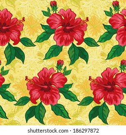 Seamless floral background, pattern of hibiscus flowers, leaves and contours. Vector