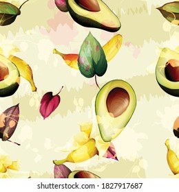 
Seamless floral background pattern. Leaves with avocado, banana on yellow. Pattern for textile, fabric and other prints purpose. Hand drawn artwork, vector wallpaper.