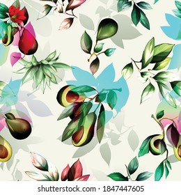 Seamless floral background pattern. Leaves with avocado on white. Pattern for textile, fabric and other prints purpose. Hand drawn artwork, vector wallpaper.