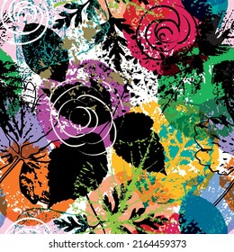 seamless floral background pattern, with leaves, abstract roses, paint strokes and splashes