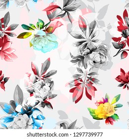 Seamless floral background pattern. Little angel with flowers, peony and leaves on white. Abstract pattern for textile, fabric and other prints purpose. Hand drawn vector - stock.