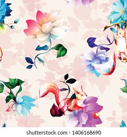 Seamless floral background pattern. Branсhes with lotus flowers, leaf and squirrels around. Abstract artwork for textile, fabric and other prints purpose. Hand drawn illustration.