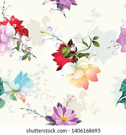 Seamless floral background pattern. Branсhes with lotus flowers, leaf and abstract elements on pastel. Abstract artwork for textile, fabric and other prints purpose. Hand drawn illustration.