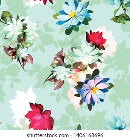 Seamless floral background pattern. Branсhes with lotus flowers, leaf and abstract elements on light green. Abstract artwork for textile, fabric and other prints purpose. Hand drawn illustration.