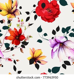 Seamless floral background pattern. Magnolia flowers with black leaves on white. Hand drawn, vector - stock.