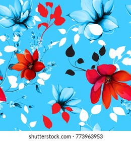 Seamless floral background pattern. Magnolia flowers with white leaves on blue. Hand drawn, vector - stock.