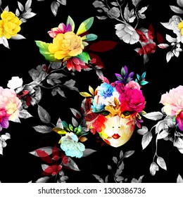 Seamless floral background pattern with mask. Abstract flowers, peony and leaves on black. Pattern for textile, fabric and other prints purpose. Hand drawn vector - stock.