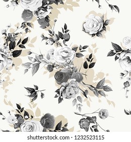 Seamless floral background pattern. Peony, sakura with branсhes and abstract flowers and leaves on white. Artwork for textile, fabric and other prints purpose. Hand drawn vector - stock.