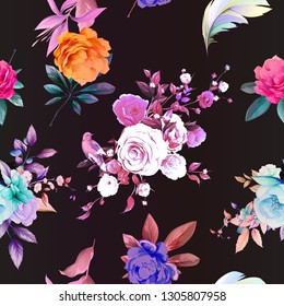 Seamless floral background pattern. Peony branсhes with flowers and leaves on black. Abstract pattern for textile, fabric and other prints purpose. Hand drawn vector - stock.