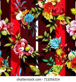 Seamless floral background pattern. Peony, poppy, roses with leaves on red. Abstract, hand drawn illustration. Vector - stock.
