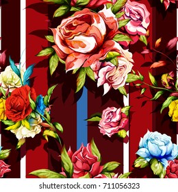 Seamless floral background pattern. Peony and roses with leaves on red. Abstract, hand drawn illustration. Vector - stock.