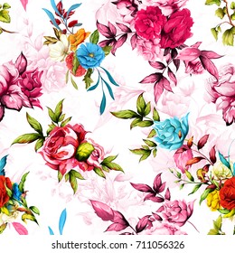 Seamless floral background pattern. Peony, poppy, roses with leaves. Abstract, hand drawn illustration. Vector - stock.