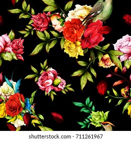 Seamless floral background pattern. Peony, roses with leaves and waxwing around on black. Hand drawn, vector - stock