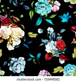 Seamless floral background pattern. Peony, wild flowers, roses with leaves on black. Watercolor, hand drawn. Vector - stock.