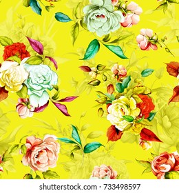 Seamless floral background pattern. Peony, wild flowers, roses with leaves on yellow. Watercolor, hand drawn. Vector - stock.