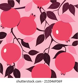 Seamless floral background pattern. Pomegranate among leaves. Vector illustration. 