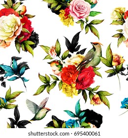 Seamless floral background pattern. Roses, wild flowers with waxwing bird around and leaves. Hand drawn watercolor, vector - stock.