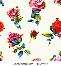 Patrón de fondo floral impecable. Rosas con hojas en blanco. Mano dibujada, vector - stock.