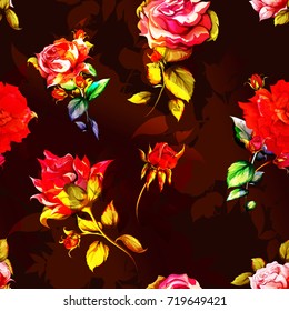 Seamless floral background pattern. Roses with leaves on dark. Hand drawn, vector - stock.