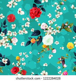 Seamless floral background pattern. Sakura branсhes with flowers, peony and leaves. Abstract pattern for textile, fabric and other prints purpose. Hand drawn vector - stock.