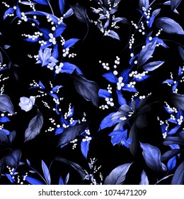 Seamless floral background pattern. Snowberry branches with leaves behind. Hand drawn white and blue illustration on black. Vector - stock.