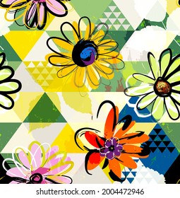 seamless floral background pattern, with triangles, flowers, leaves, paint strokes and splashes