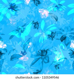 Seamless floral background pattern. Tropical theme with flamingo, leaves and flowers on light blue. Hand drawn illustration, vector - stock.
