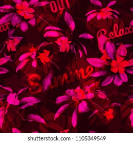 Seamless floral background pattern. Tropical theme with leaves and flowers on dark red. Hand drawn illustration, vector - stock.