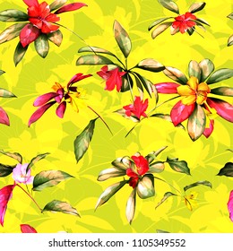 Seamless floral background pattern. Tropical theme with leaves and flowers on yellow. Hand drawn illustration, vector - stock.