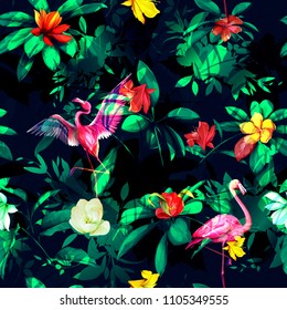 Seamless floral background pattern. Tropical theme with flamingo, leaves and flowers on dark green. Hand drawn illustration, vector - stock.