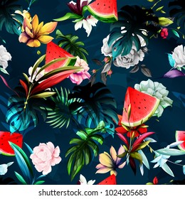 Seamless floral background pattern. Watermelon, peony flowers, tropic leaf on dark blue. Abstract, hand drawn.