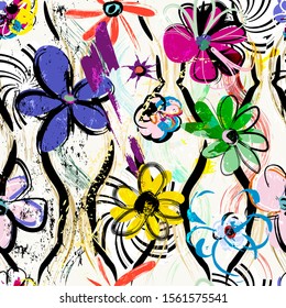 seamless floral background  pattern, with waves, paint strokes and splashes