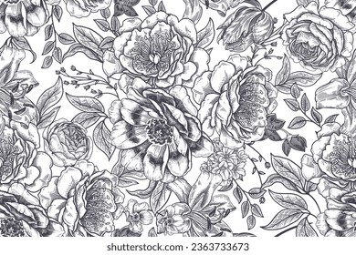 Seamless floral background. Peonies, roses, tulips, lilies and other luxurious flowers. Black and white pattern. Vector illustration. Vintage. Template for paper, wallpaper, textiles. Monochrome