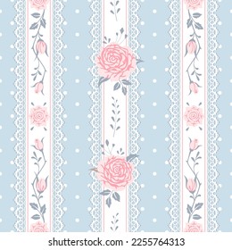 Seamless floral background with pink roses and laces. Shabby chic style pattern.