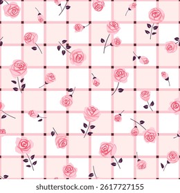 Seamless floral background with pink roses and leaves. Ornamental checkered pattern for fabric, wallpaper, digital paper, etc.
