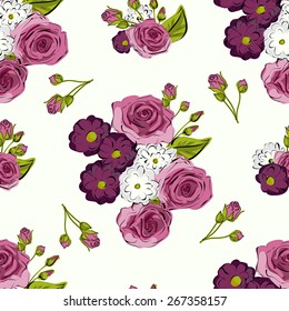 Seamless floral background with pink roses and pink and white flowers, vector illustration, vector roses, bouquet of flowers, rosebuds 