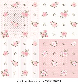 Seamless Floral Background With Pink Roses. Shabby Chic Style Patterns Set.