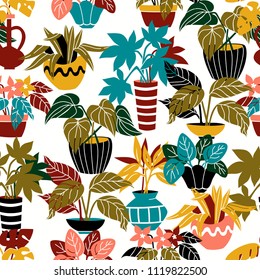 Seamless Floral Background with Plants in Pot on White Background