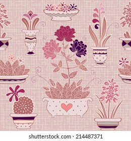 Seamless floral background with pot plants. Abstract flowers in a flowerpots. Vector pattern.