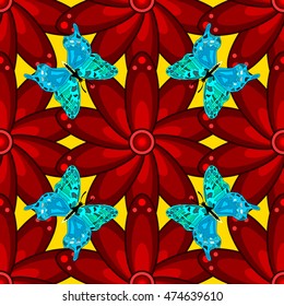 Seamless floral background with red petal flowers and blue butterflies. Vector.