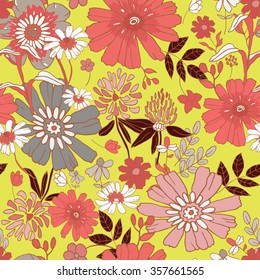 Seamless floral background. Red and white isolated flowers and leafs on yellow background. Vector illustration.