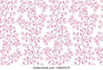 Seamless floral background. Repeating ivy pattern with flowers and leaves. Pink colors. Vector illustration.