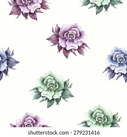 Seamless floral background. Roses pattern. Watercolor flowers.