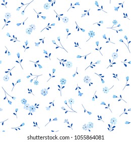 Seamless floral background with small blue flowers and leaves. Vector pattern for wallpaper, fabric, digital paper, fills, etc.