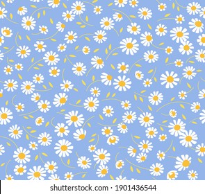 Seamless floral background with small chamomile flowers and leaves. Ornamental ditsy pattern. Vector illustration