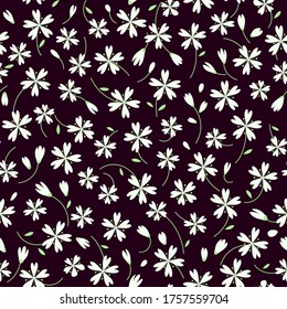 Seamless floral background with small flowers and leaves. Ornamental textured pattern for fabric, wallpaper, digital paper, fills, etc.