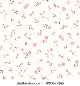 Seamless floral background with small pink flowers and leaves. Vector pattern for wallpaper, fabric, digital paper, fills, etc.